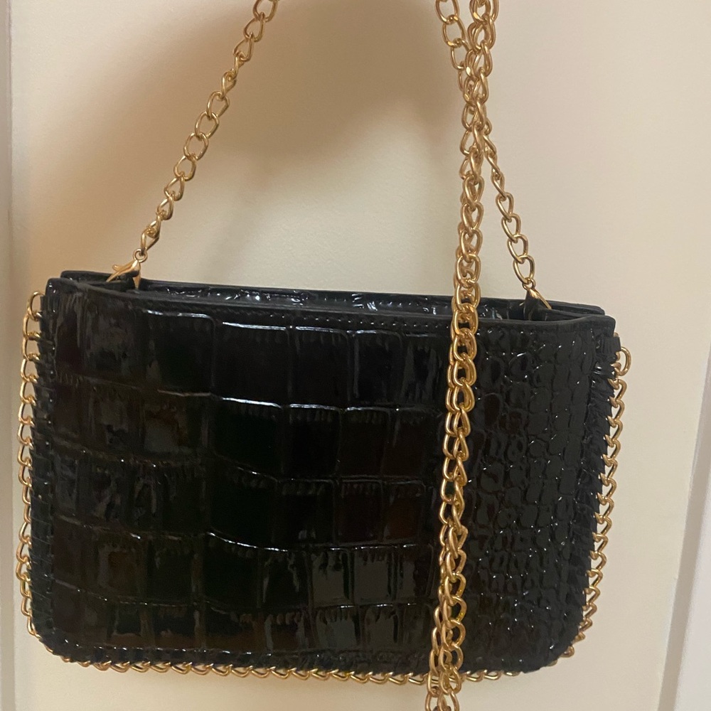 Sleek Black Patent Croc-Embossed Shoulder Bag with Gold Chain strap
